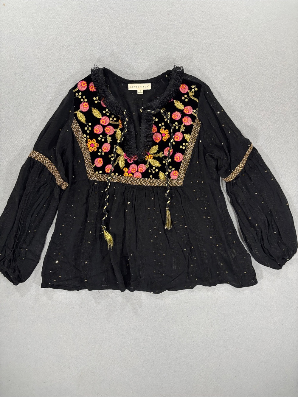LoveStitch Black Floral Embroidered Peasant Blouse S